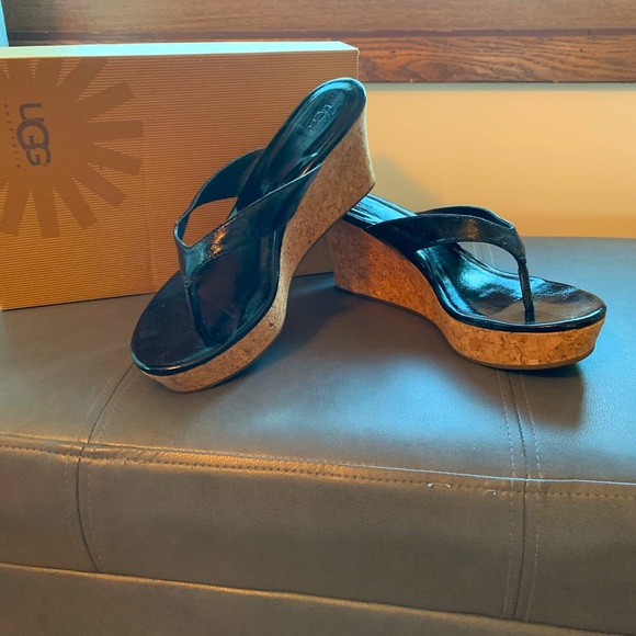 Ugg Black Patent Leather Wedge Sandals 
